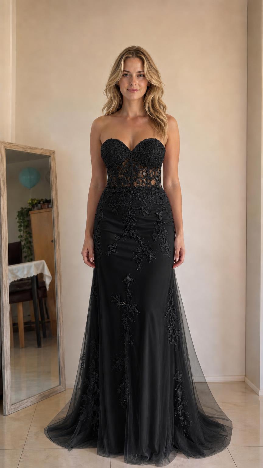 Front view of black strapless mermaid evening gown