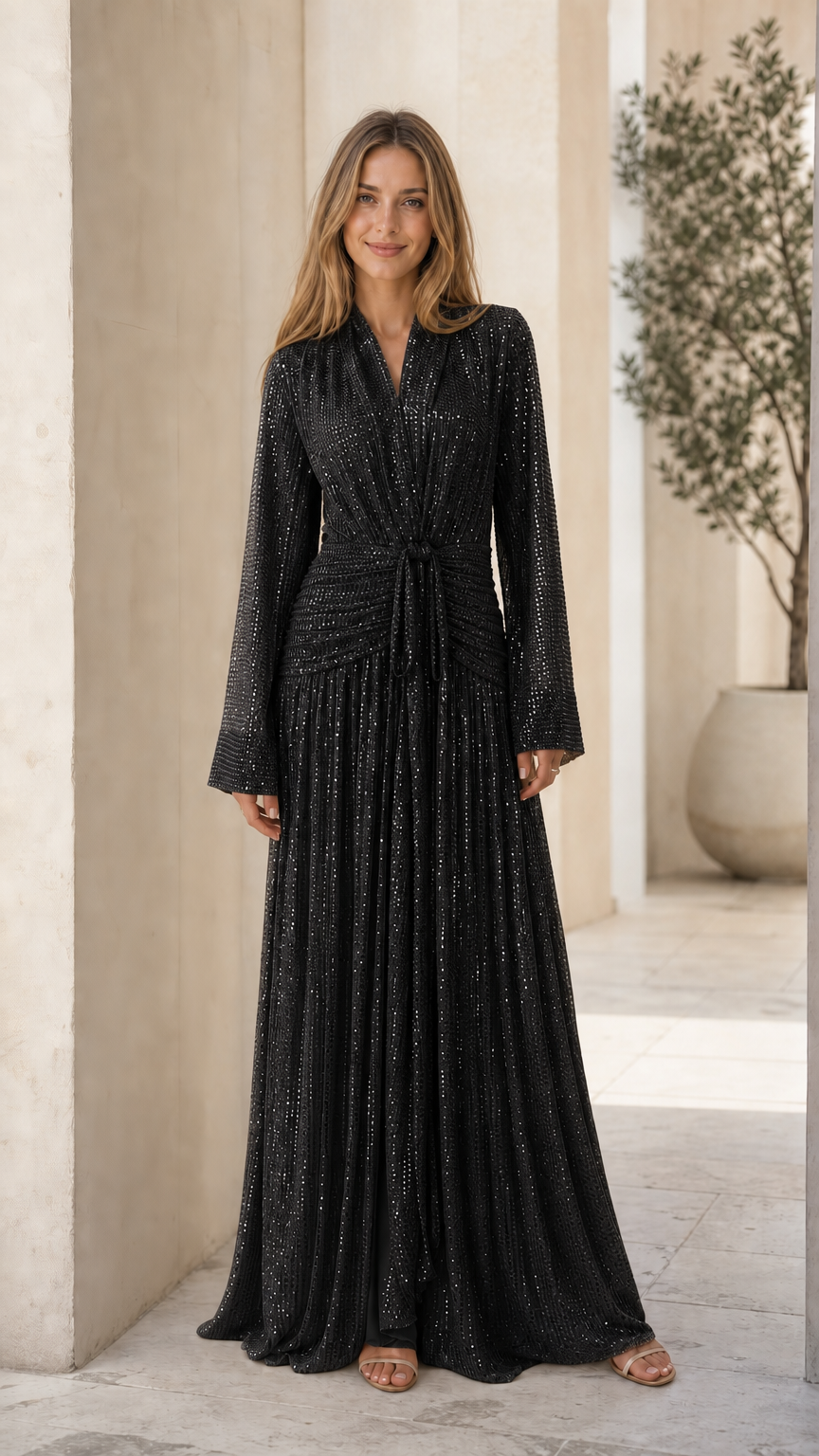 Black pleated shimmer long sleeve maxi dress