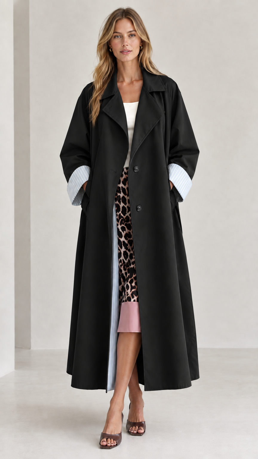 Front view of woman wearing black long trench coat with striped cuff detail