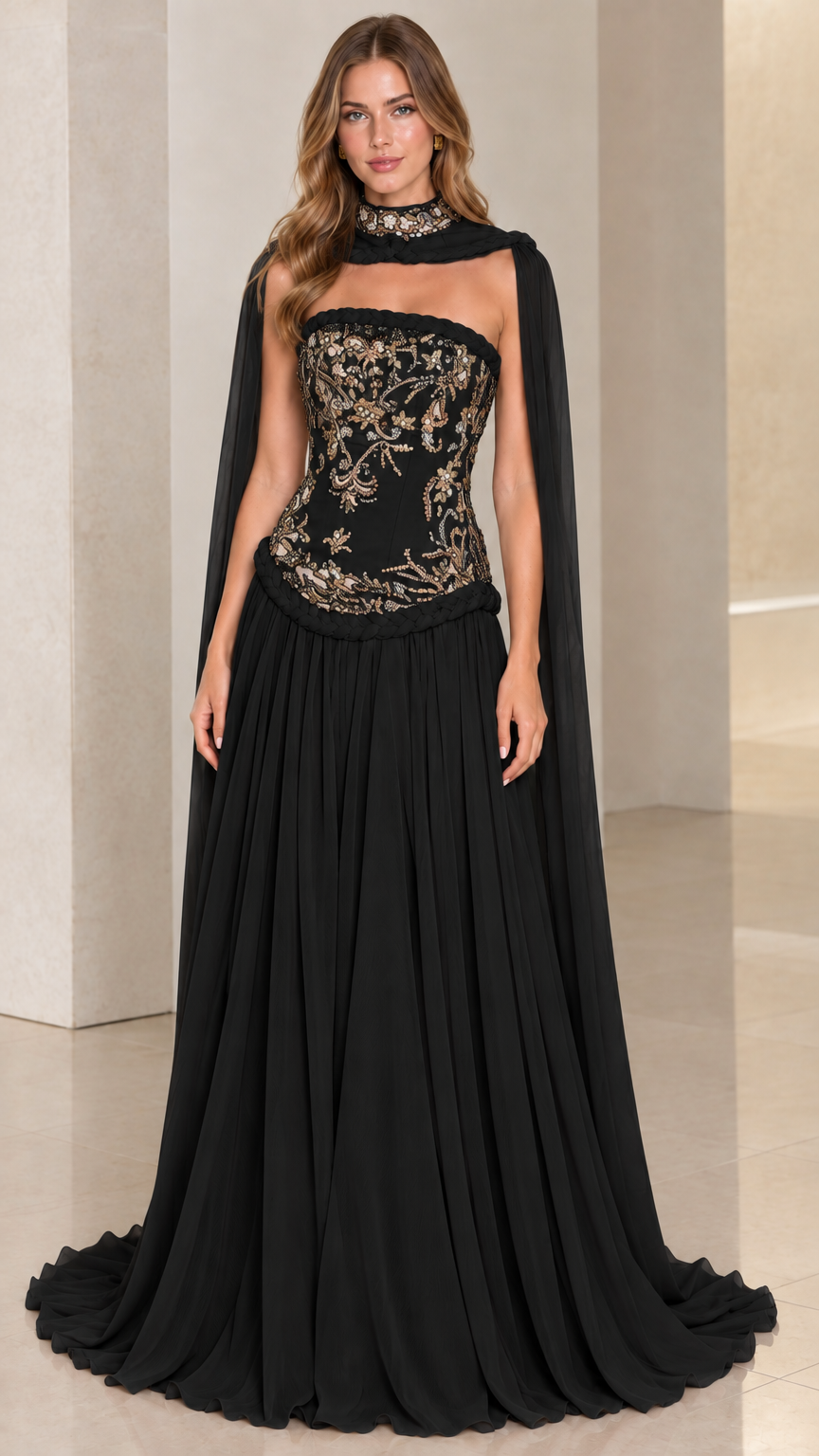 Black strapless embroidered corset evening gown with matching black sheer cape