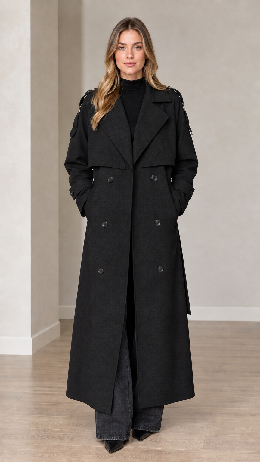 Front view of woman wearing black double-breasted long trench coat