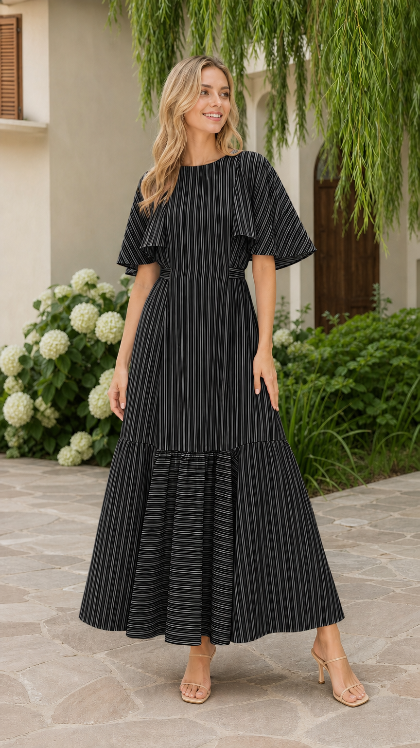 Front view of model wearing black striped flutter sleeve tiered maxi dress