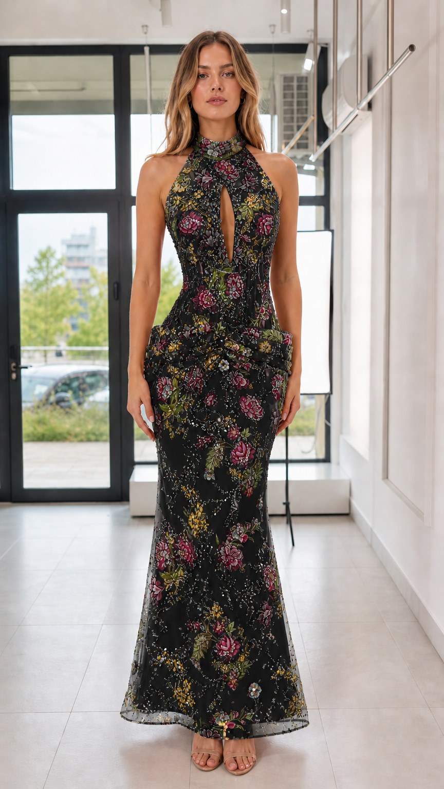 Model wearing black floral sequin evening gown