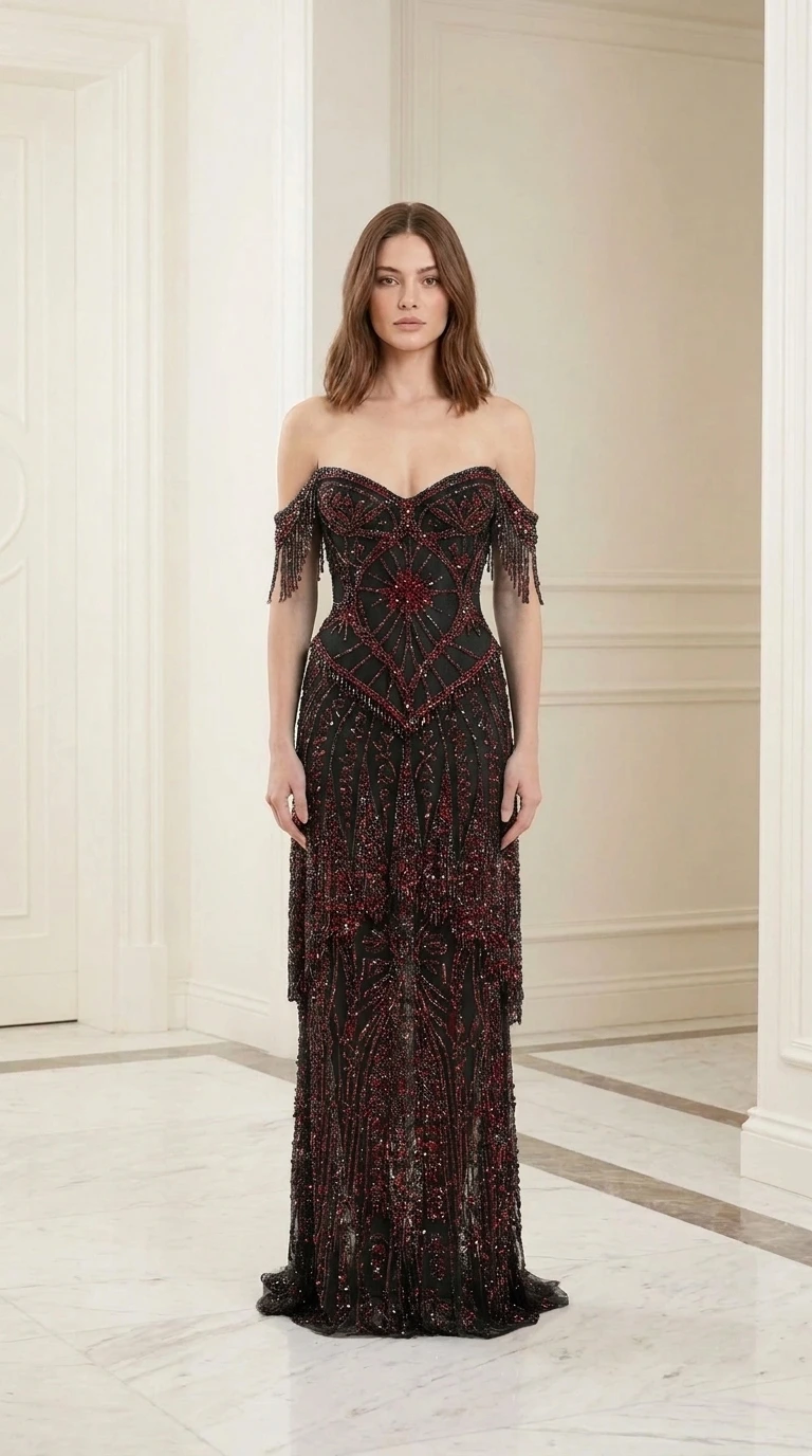 Model wearing black beaded evening gown, front view