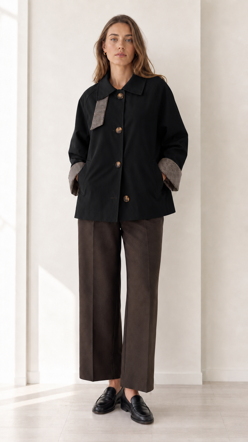 Front view of women's black short trench jacket with houndstooth collar trim