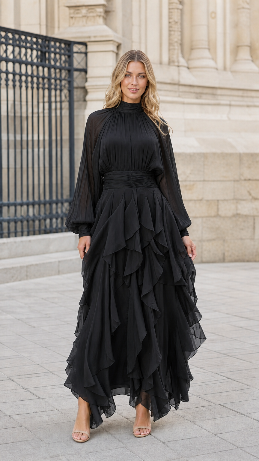 Model wearing black high neck tiered ruffle chiffon evening maxi dress