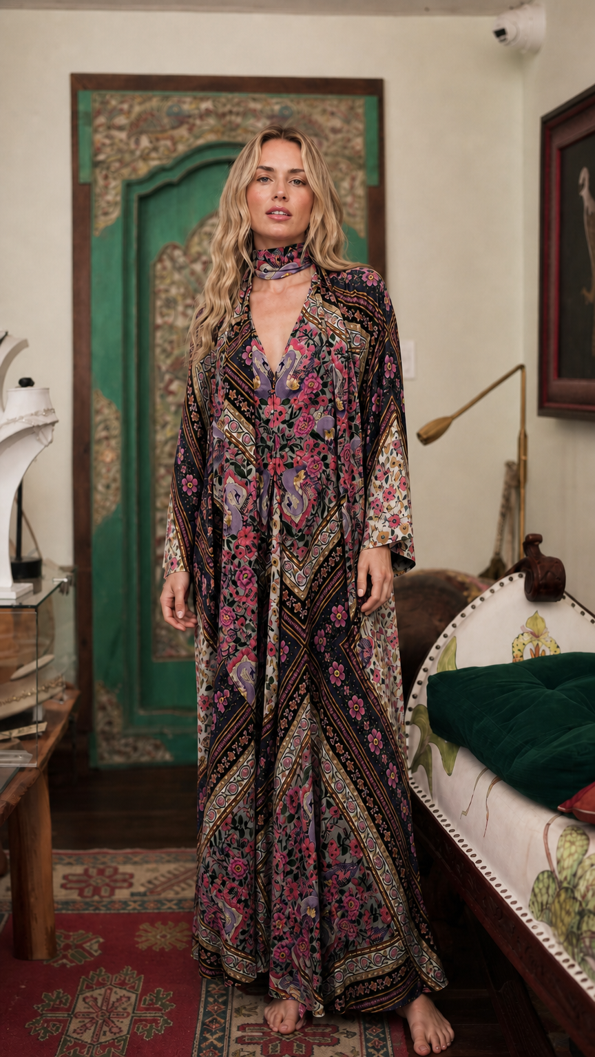 Model wearing black bohemian floral maxi dress