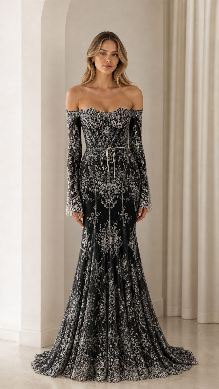 Full-length view of Black off-the-shoulder long sleeve lace evening dress