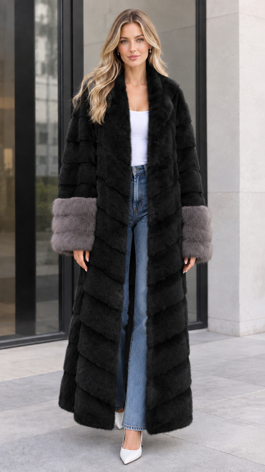 Front view of women's black chevron maxi faux fur coat with contrast grey cuffs