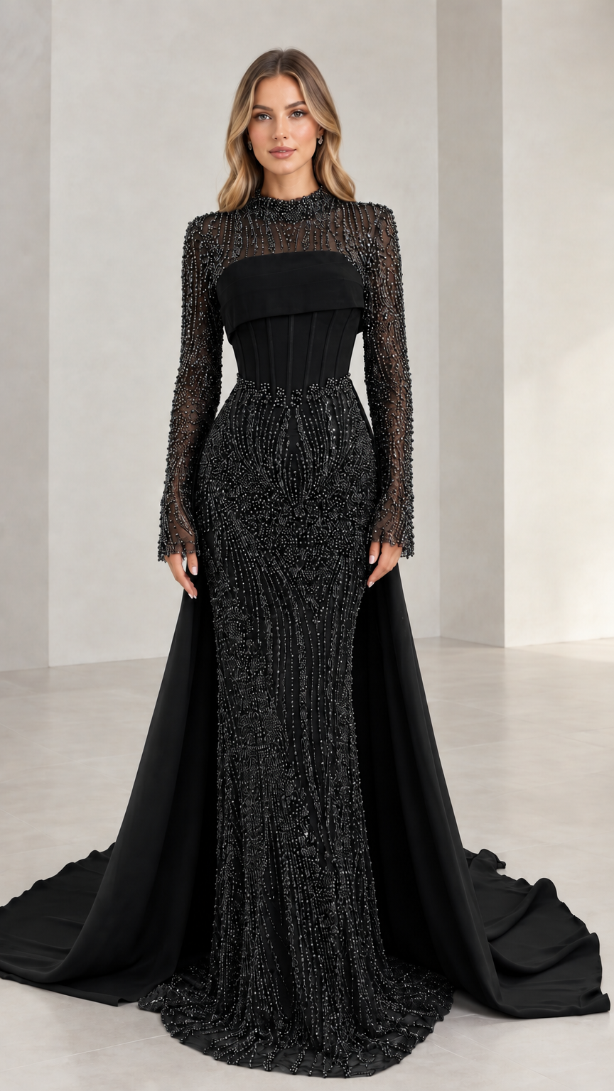 Full-length front view of black beaded long sleeve evening dress with corset bodice and train