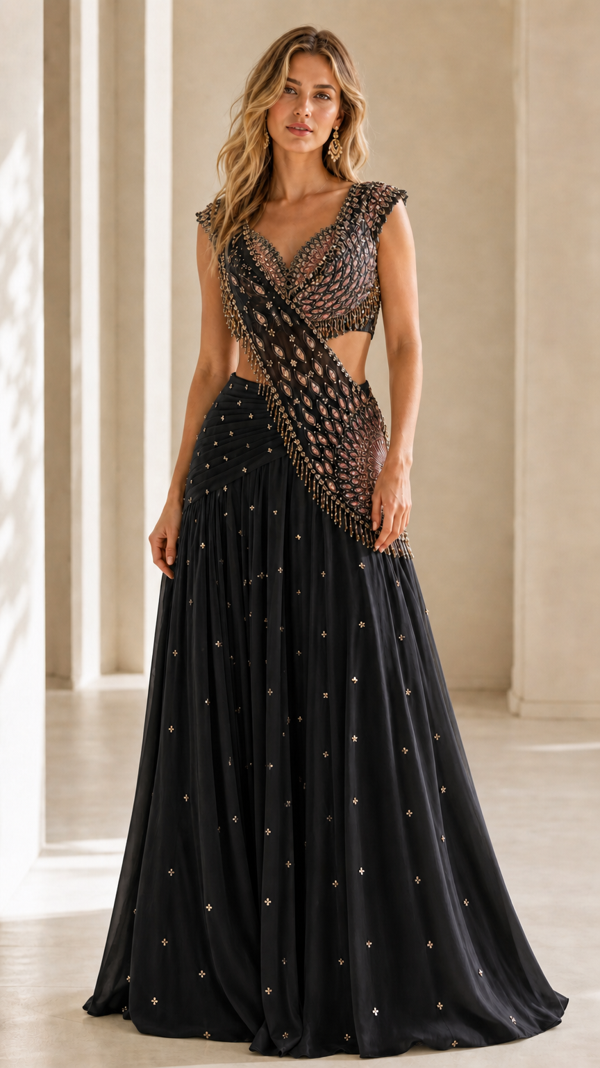 Front view of woman wearing Black beaded cut-out evening maxi gown