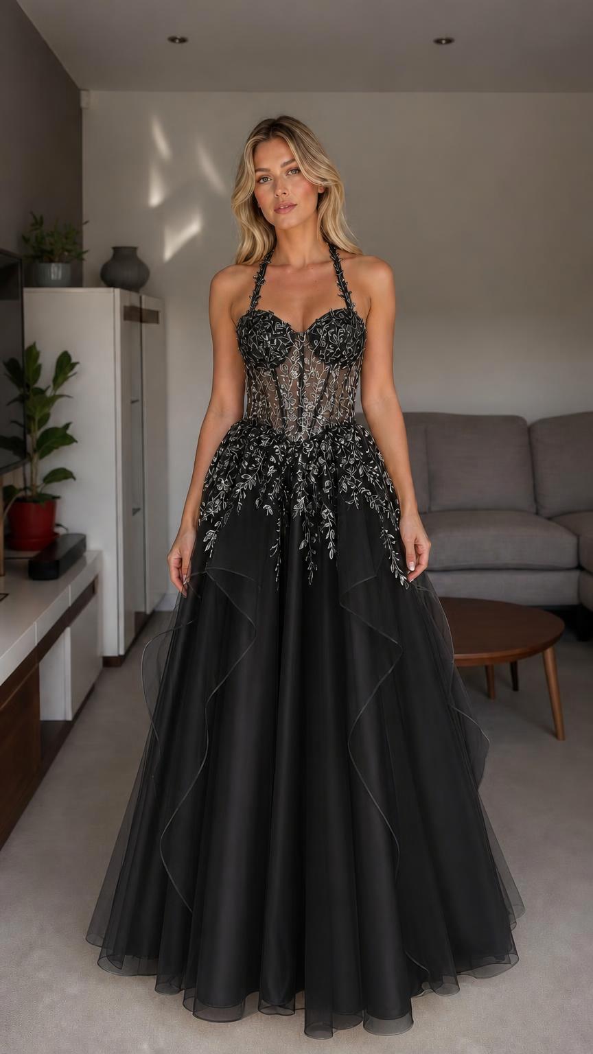 Front view of black halter embroidered tulle ball gown