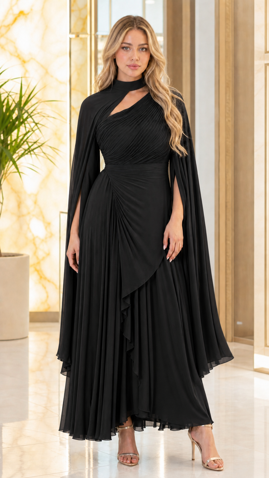 Front view of black cutout pleated cape sleeve maxi formal dress