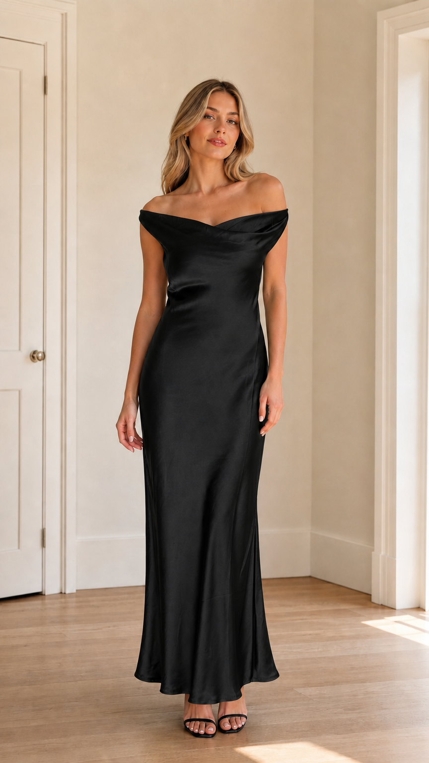 Model wearing black off-shoulder satin maxi dress