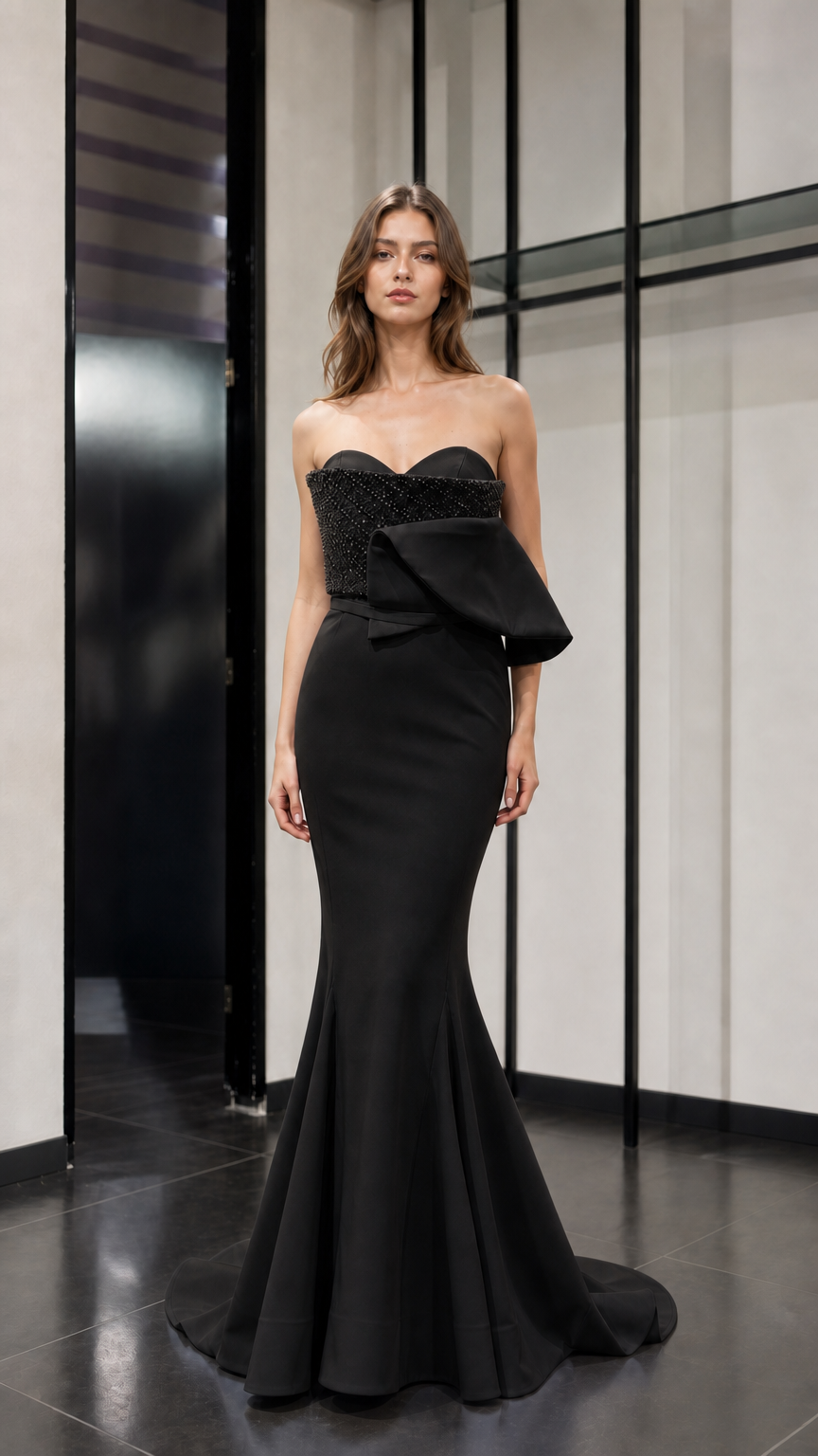 Front view of black evening gown variant