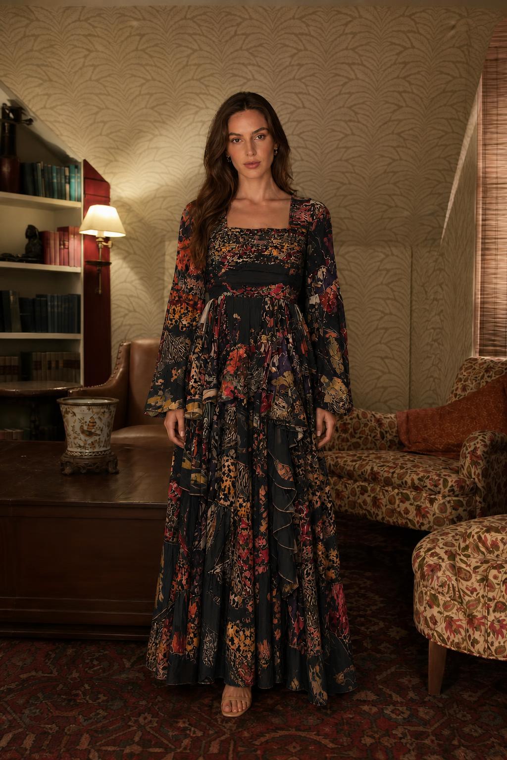 Boho Chic Printed Long Sleeve Ruffle Maxi Dress in Black