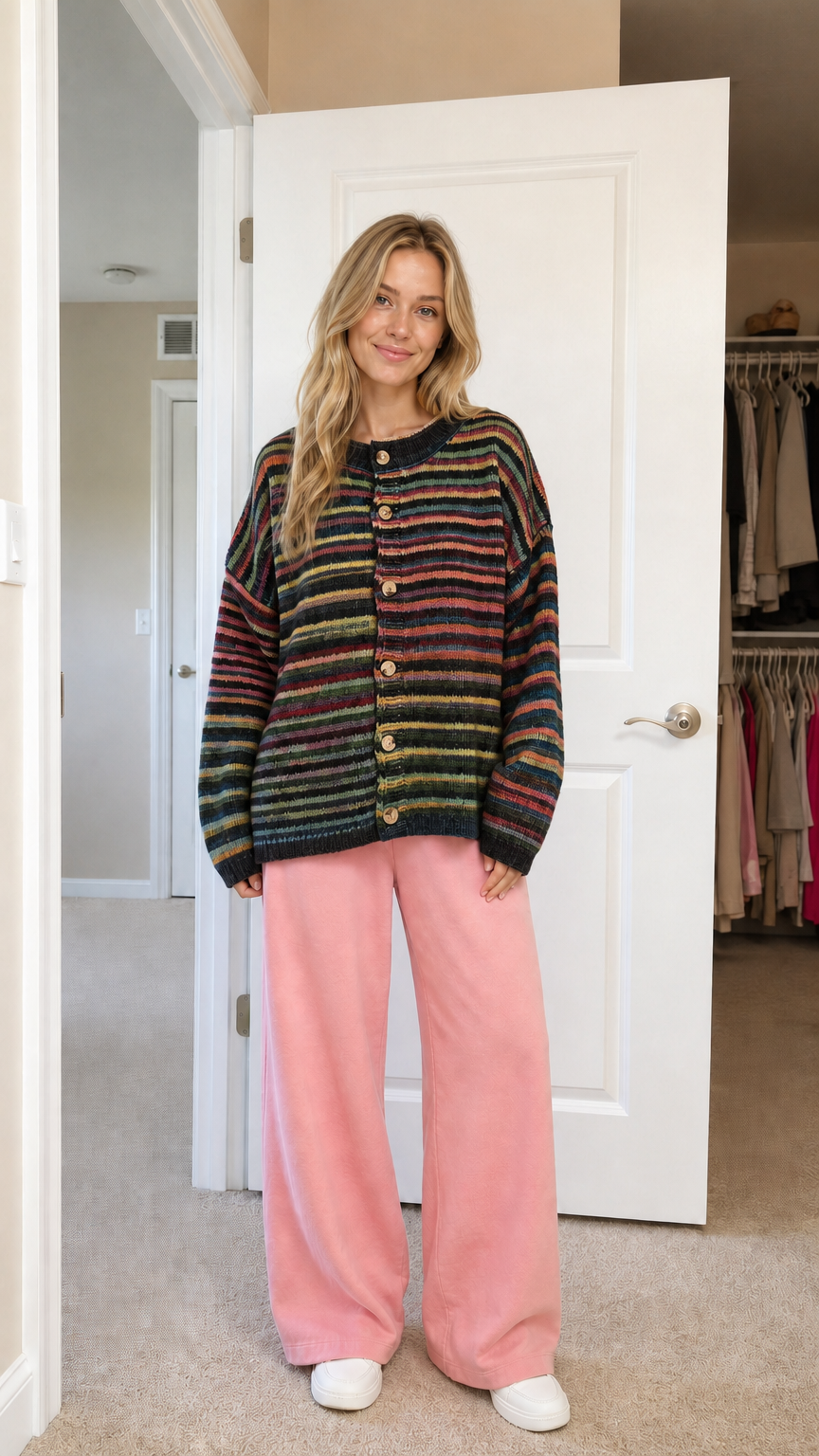 Front view of black-based striped cardigan variant