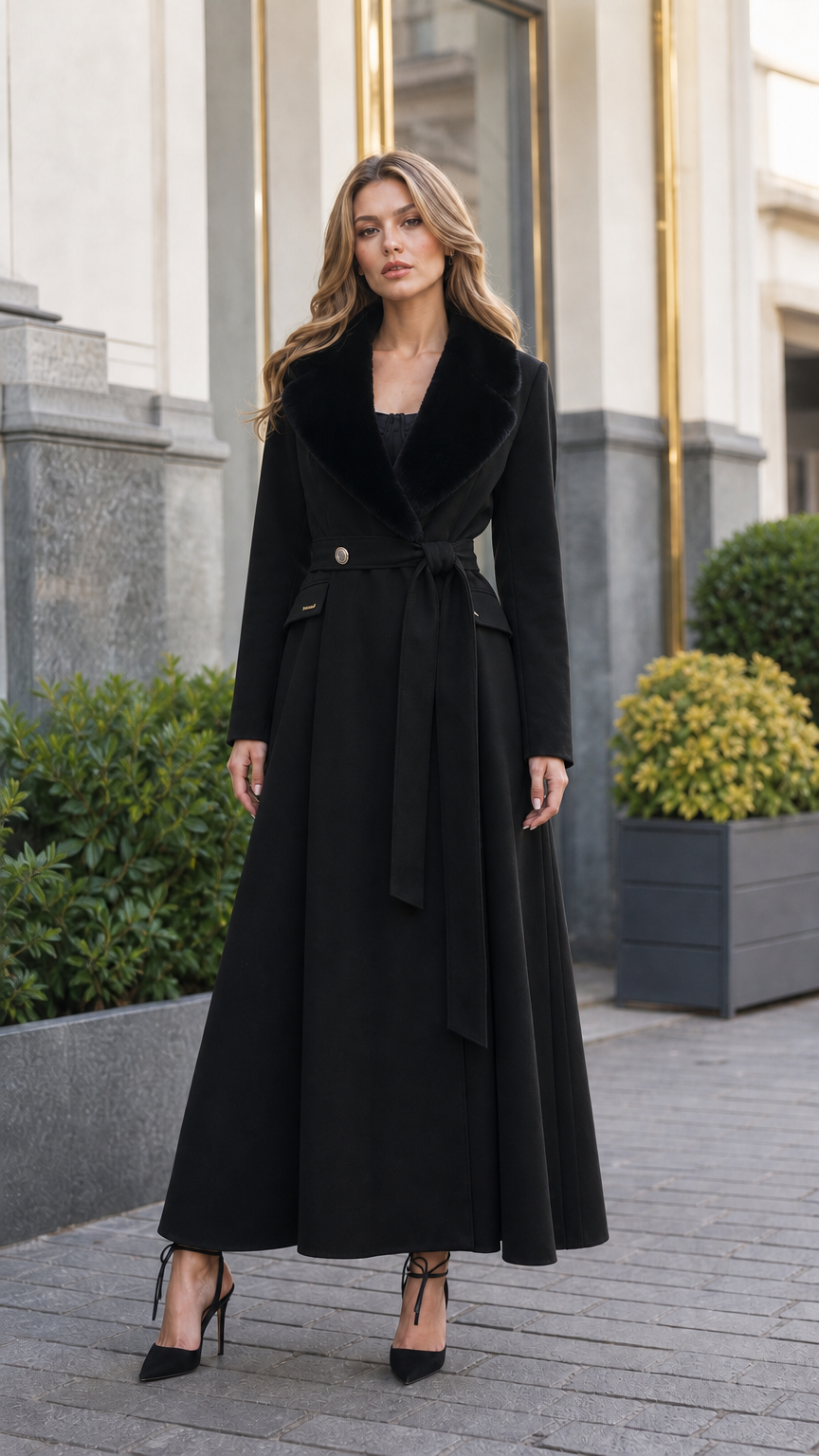Model wearing full-length black wrap coat with black plush faux fur collar
