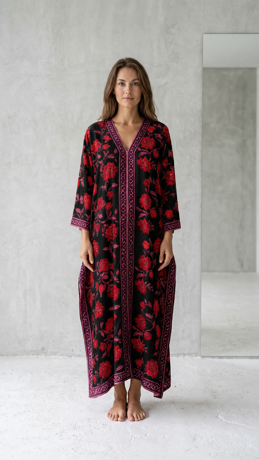 Front view of model wearing black floral long kaftan maxi dress