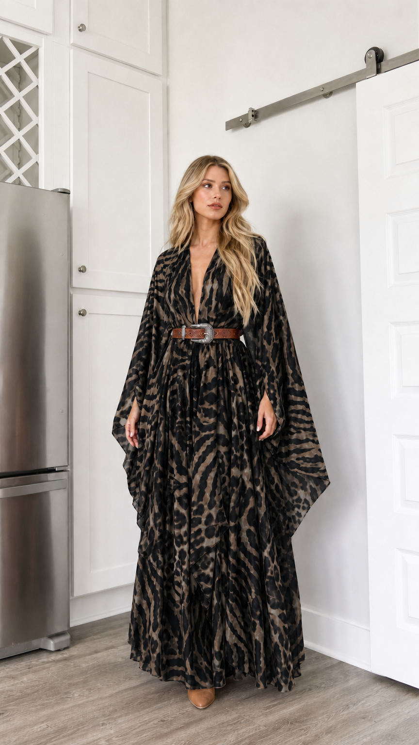 Woman wearing black animal print kimono maxi dress with draped sleeves