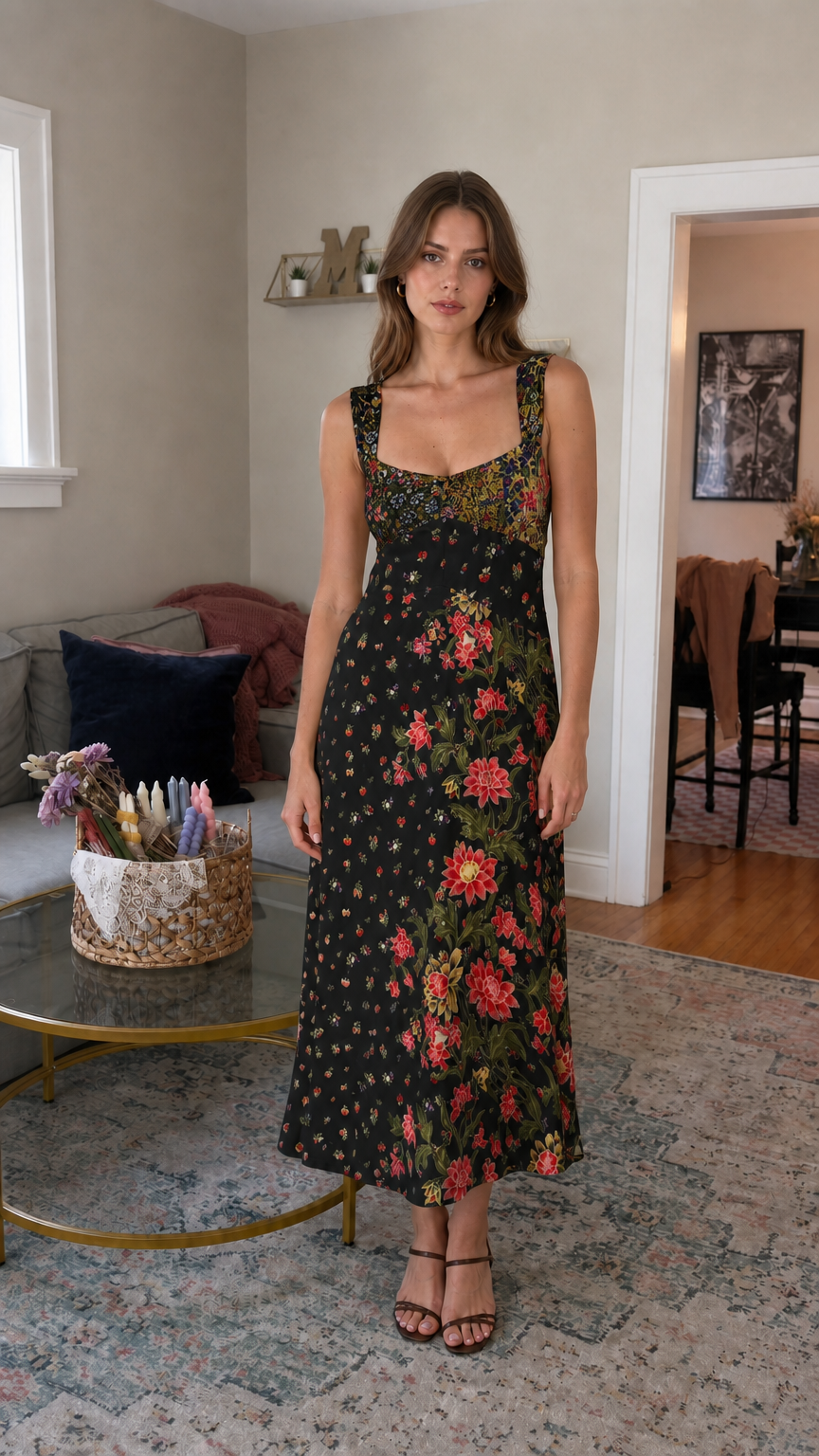 Front view of black floral patchwork midi dress on model