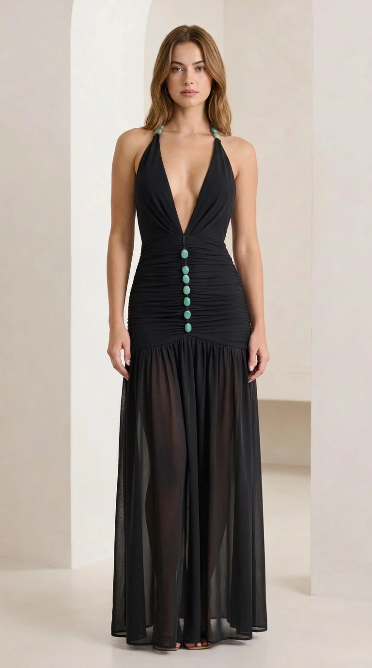 Front view of black halter neck ruched maxi dress