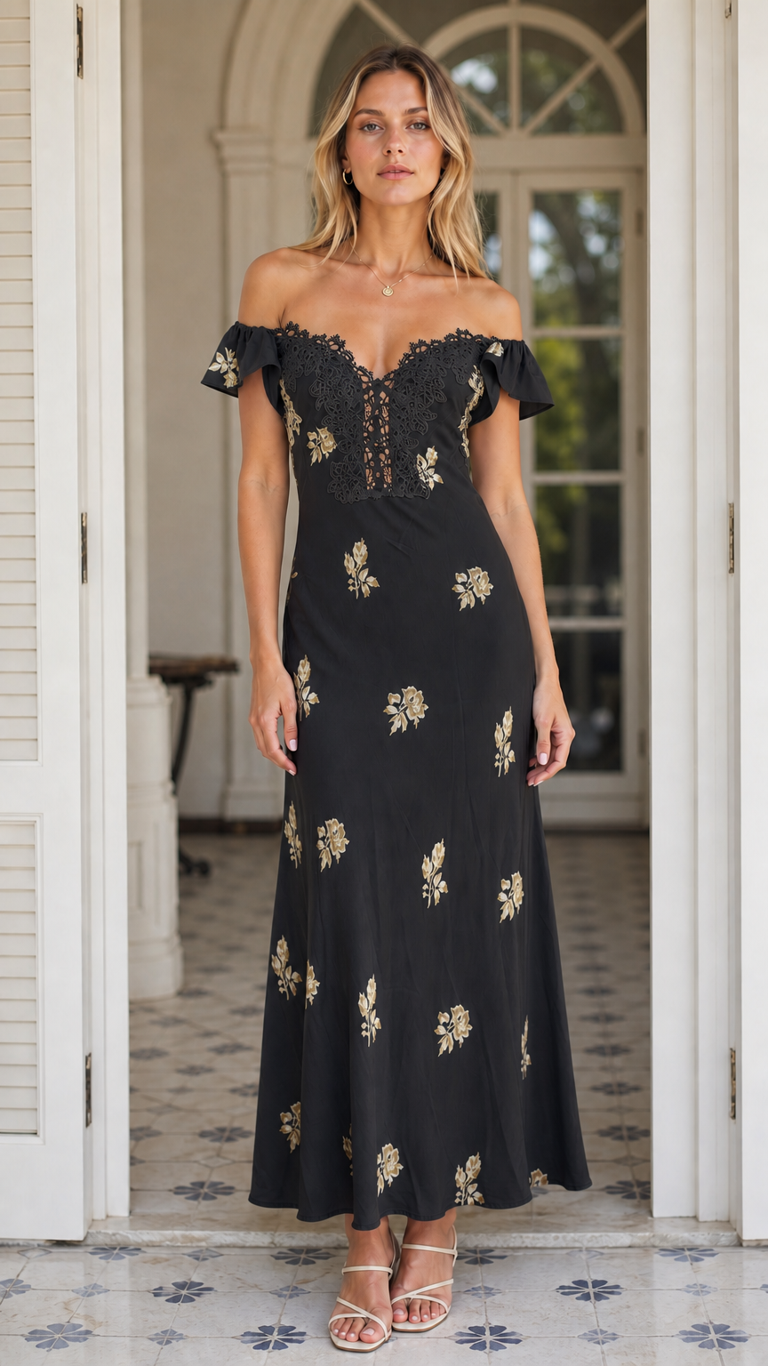 Front view of Black floral lace trim maxi dress