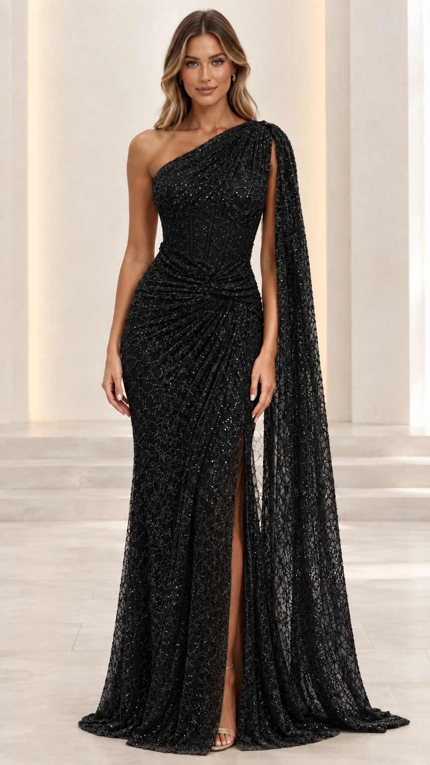 Black one-shoulder cape evening gown with high leg slit