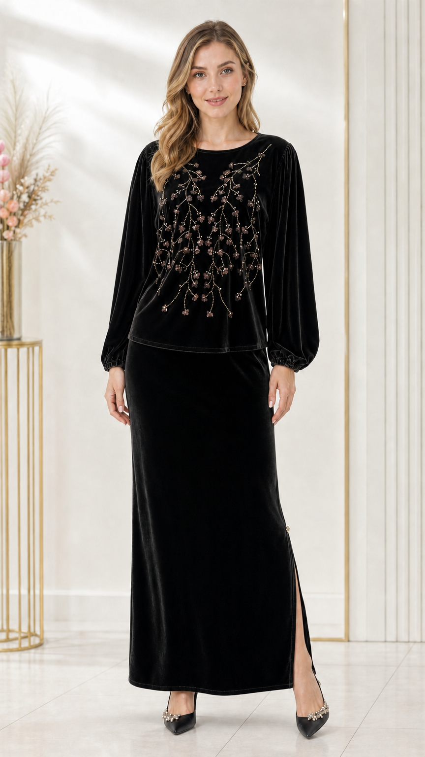 Full-length front view of black beaded velvet two-piece maxi skirt set