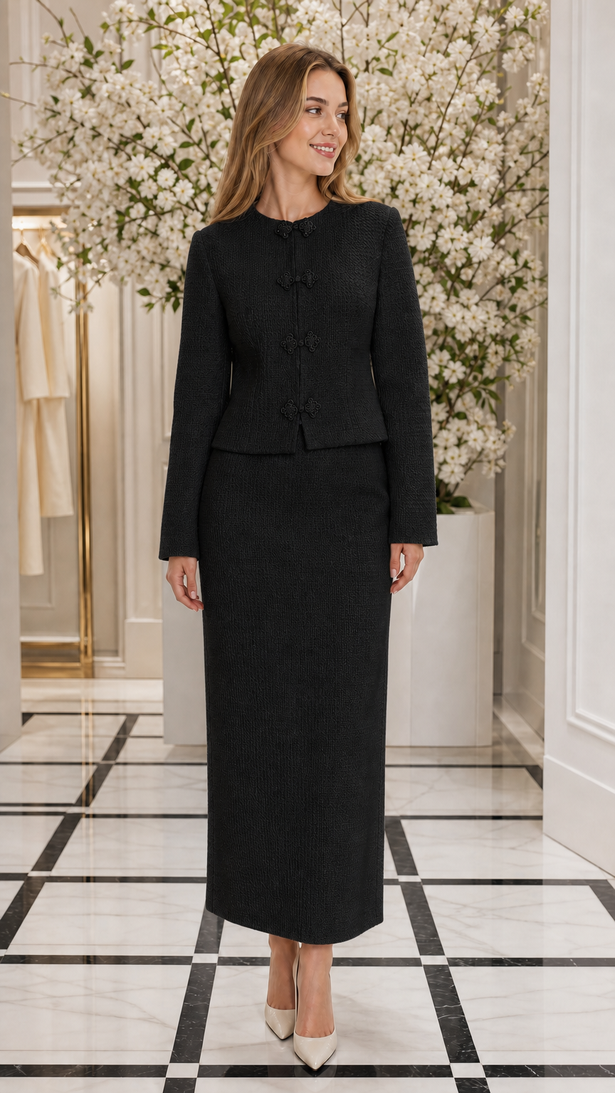 Front full view of woman wearing Black textured two-piece skirt set