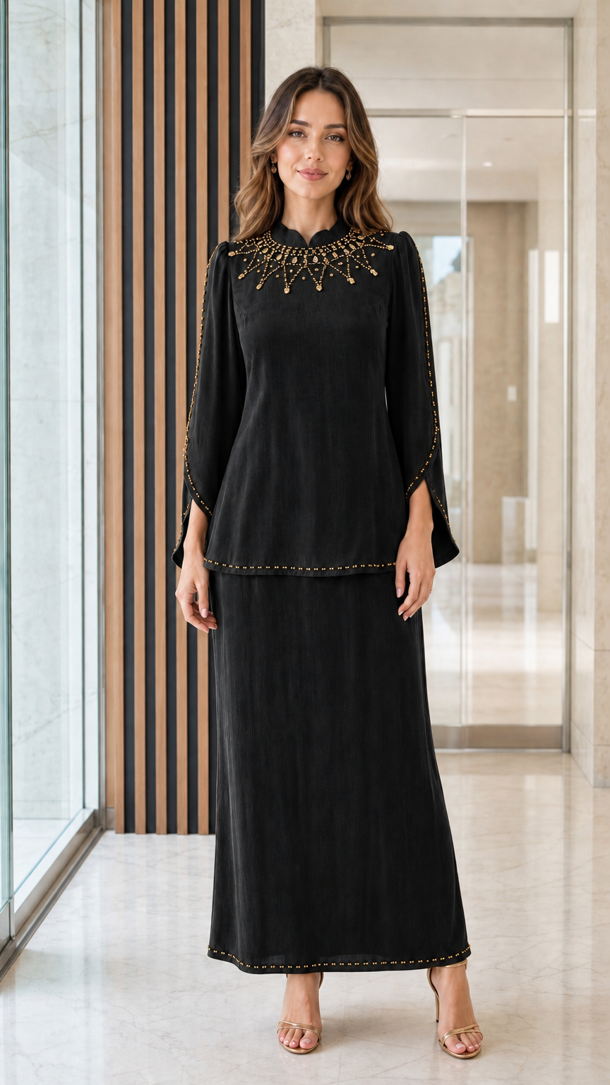 Classic black 2-piece beaded tunic top and maxi skirt set
