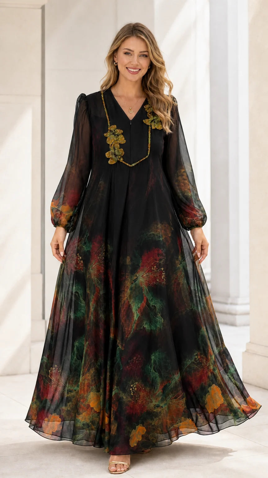 Black watercolor print long sleeve chiffon maxi dress on model