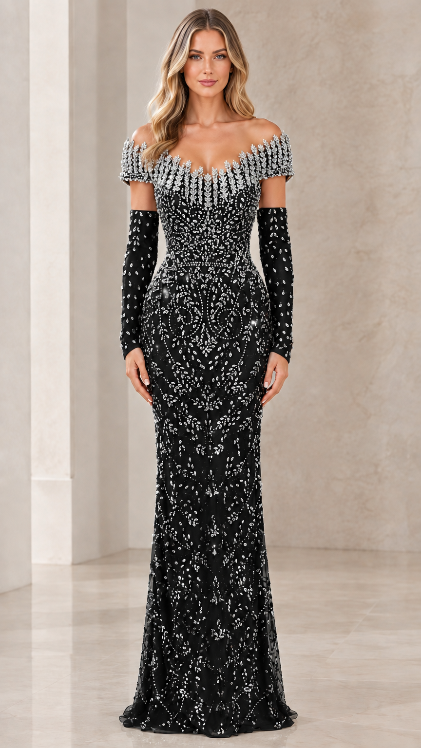 Black off-the-shoulder beaded evening gown with matching opera gloves