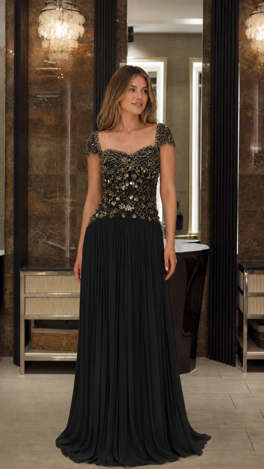 Front view of model wearing the Black beaded bodice pleated formal evening gown