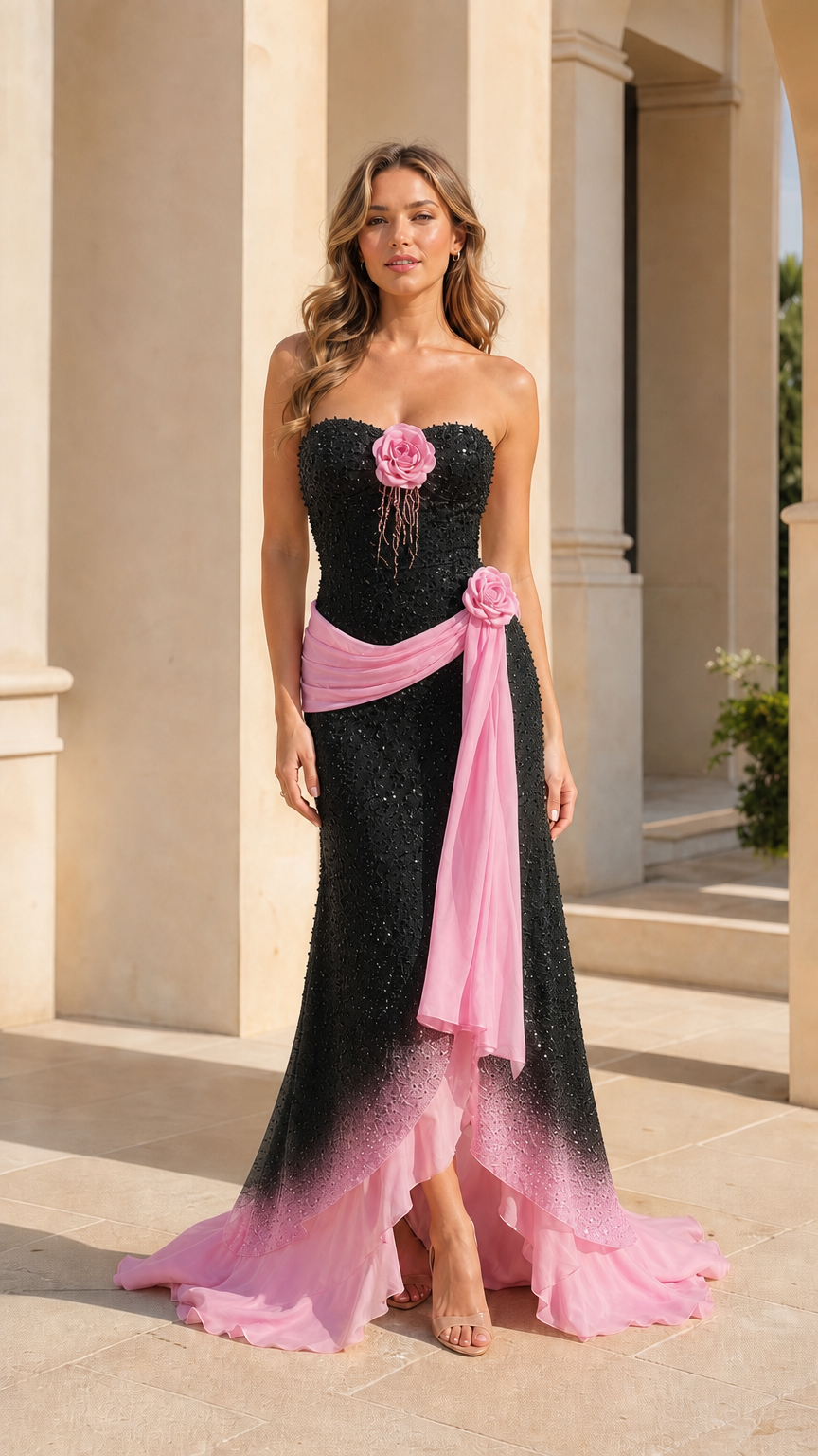 Full-length front view of black and pink ombré strapless sequined evening gown