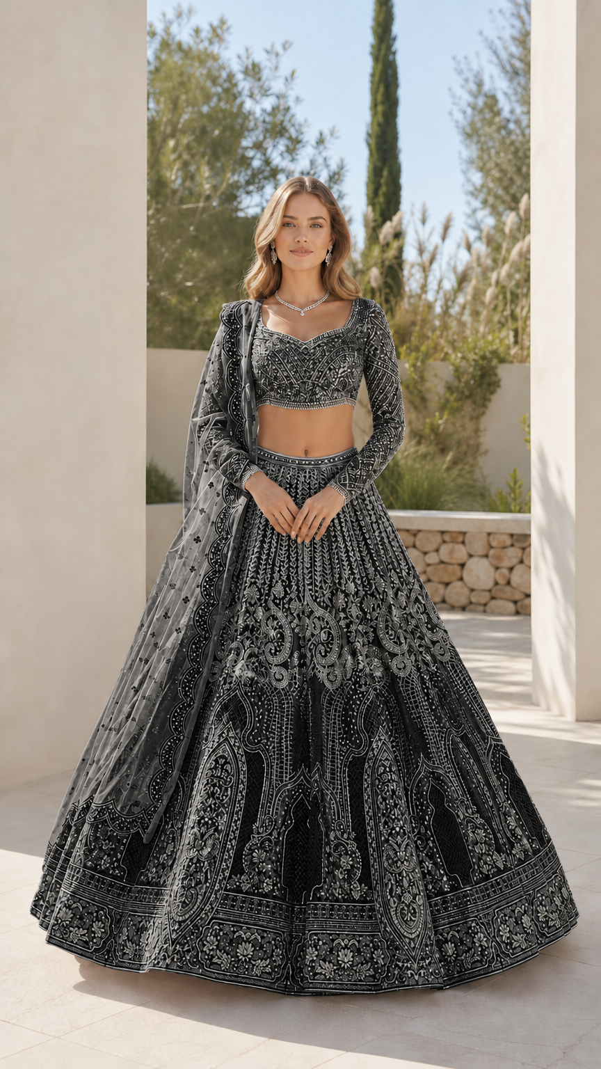 Full front view of charcoal black embroidered lehenga choli set