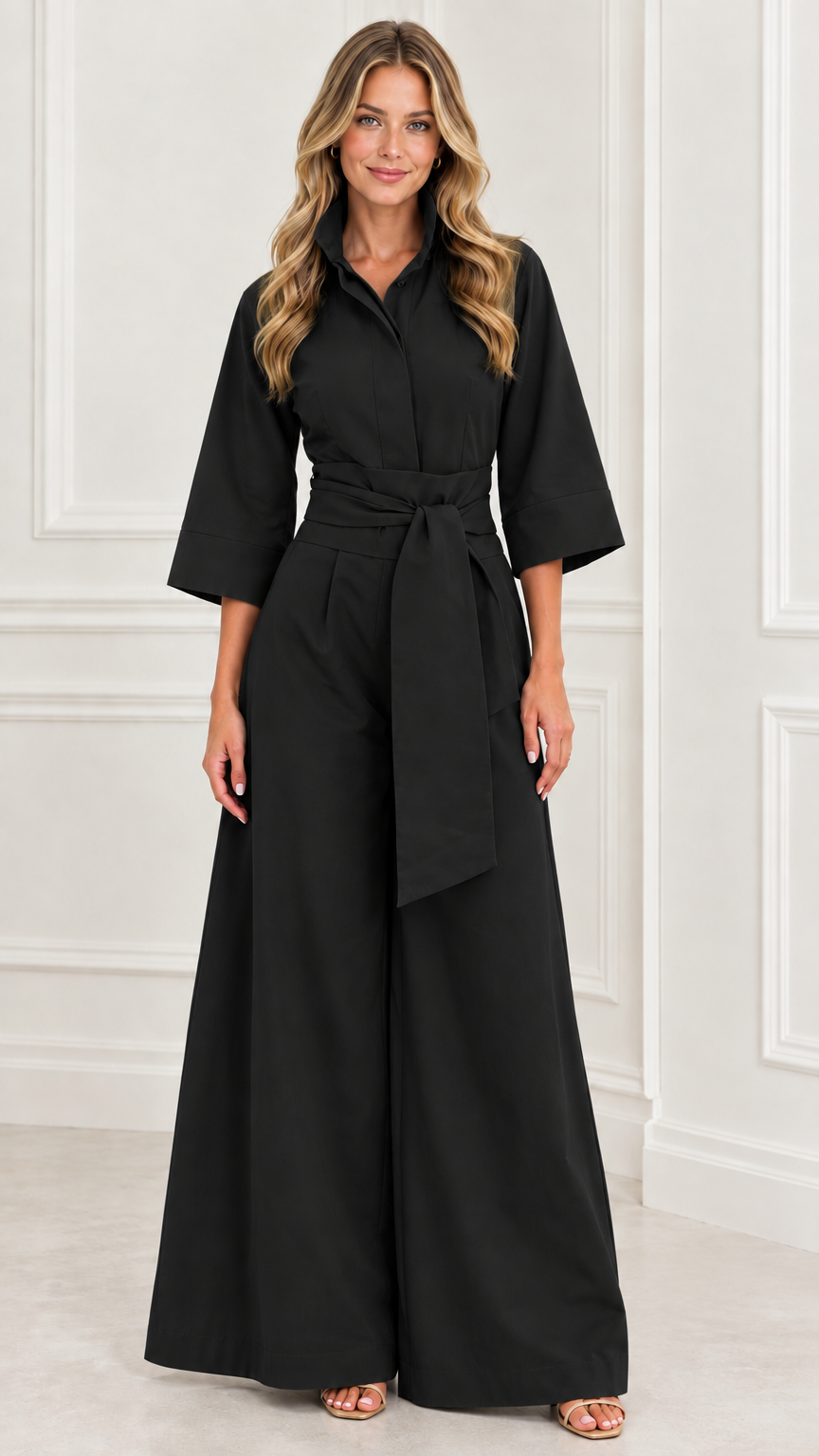 Front view of woman wearing a black collared wide-leg jumpsuit with belt