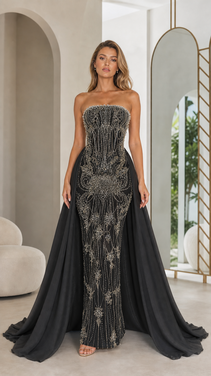 Black variant of strapless beaded mermaid evening gown with overskirt