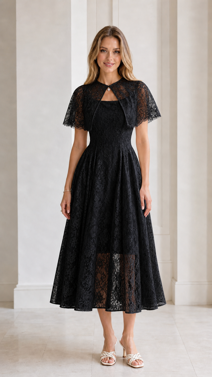 Model wearing Black Floral Lace Capelet Midi Dress