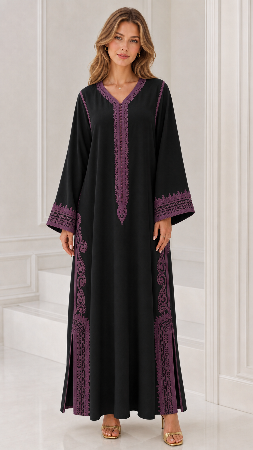 Front full view of woman wearing black kaftan dress with purple embroidery