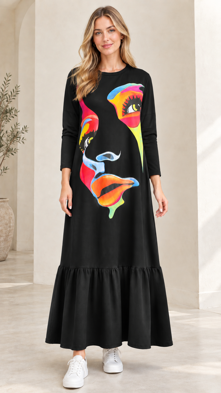 Full-length view of woman wearing Black abstract graphic print tiered maxi dress