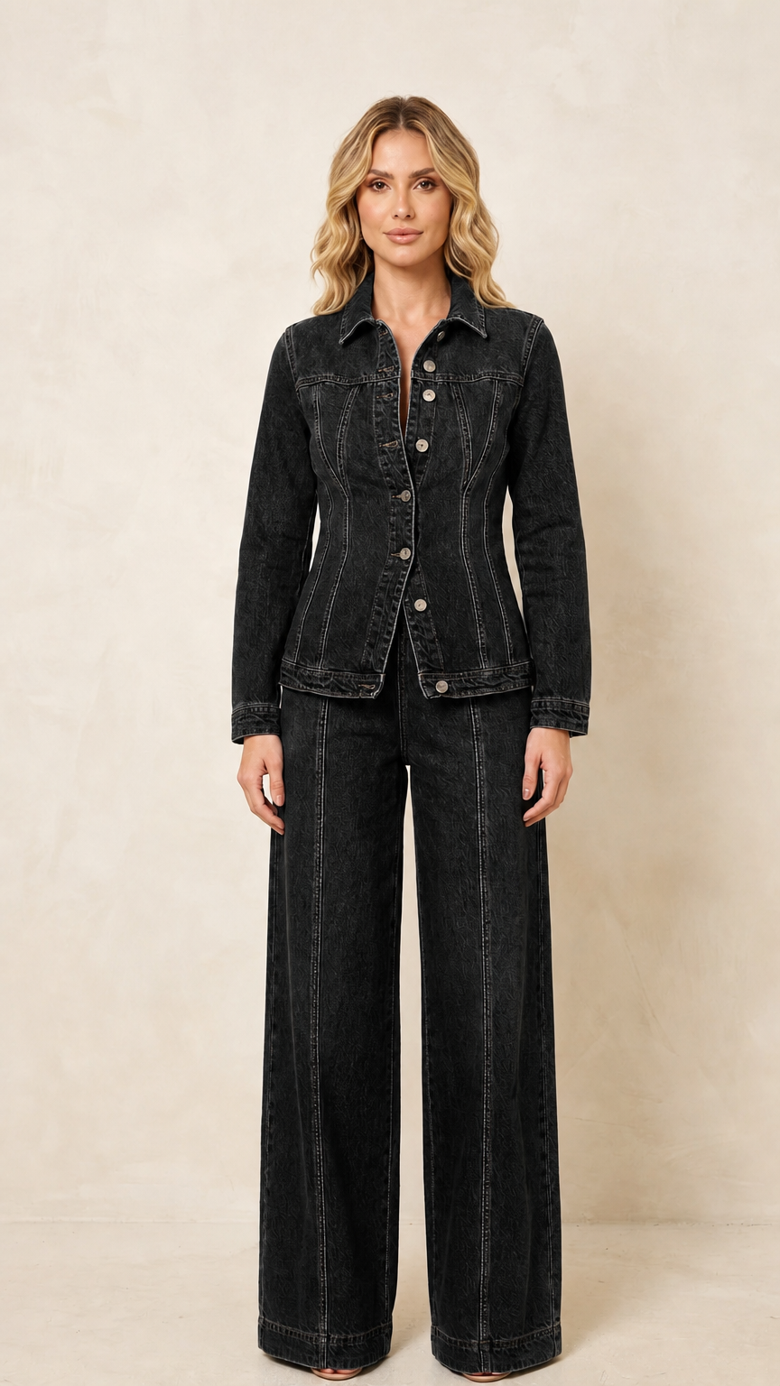 Front view of the women's black denim-style jacket and wide-leg pants set