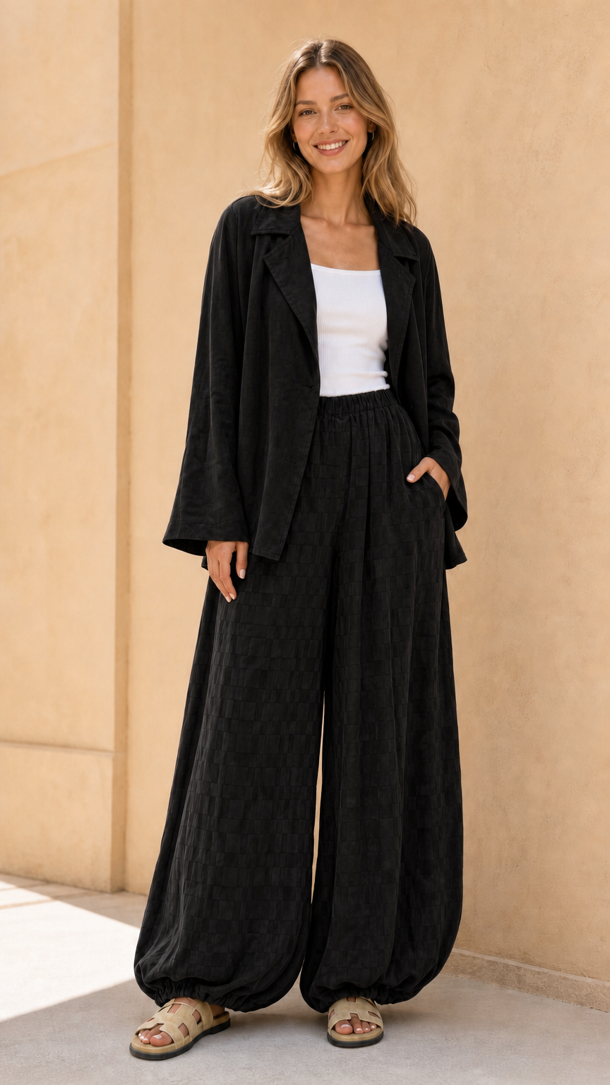 Model wearing black matching blazer and pant set