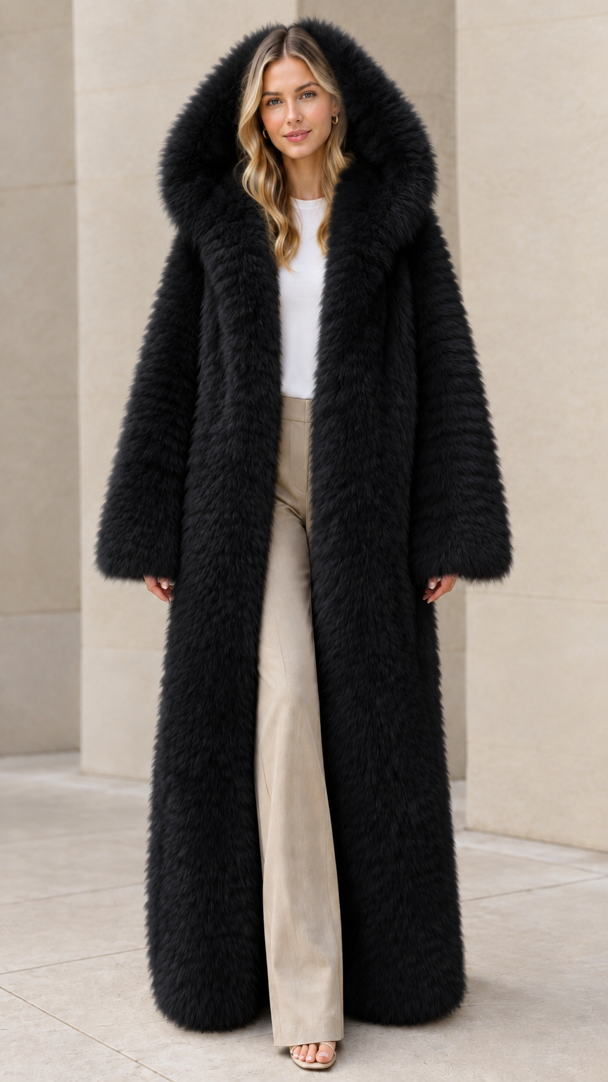 Women's black full-length hooded faux fur winter maxi coat