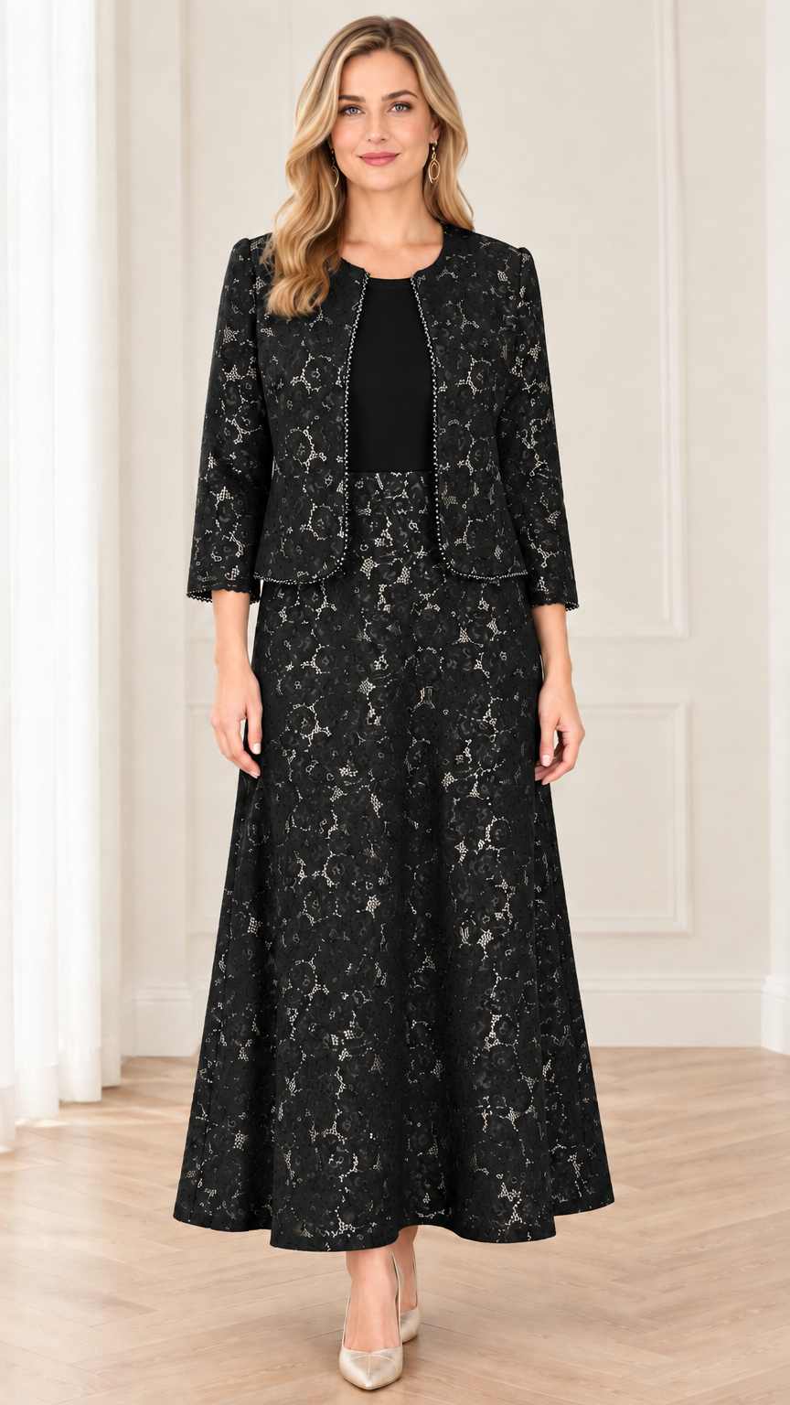 Front view of black floral lace two-piece maxi dress with beaded jacket