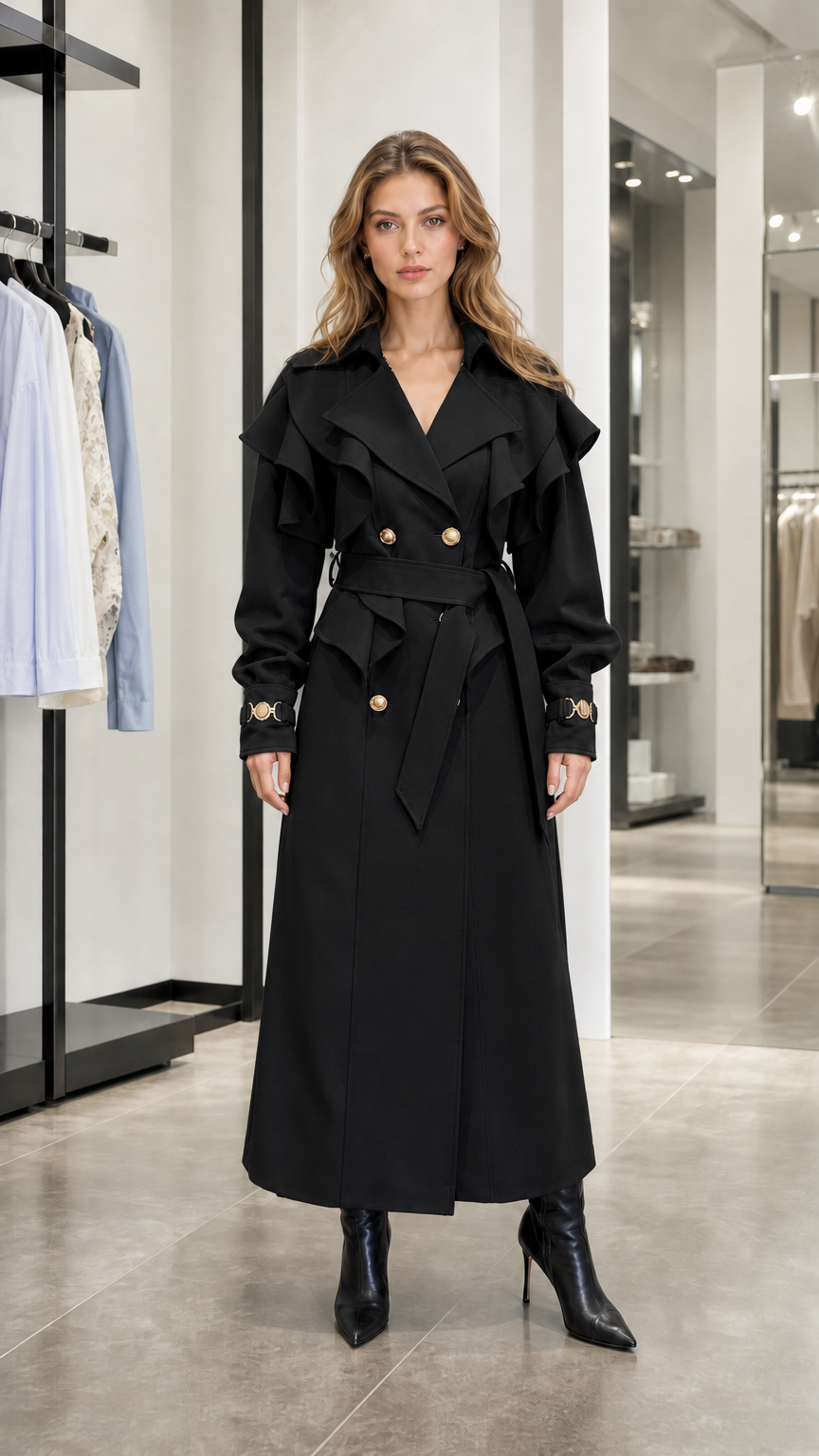 Front view of woman in black ruffle long trench coat