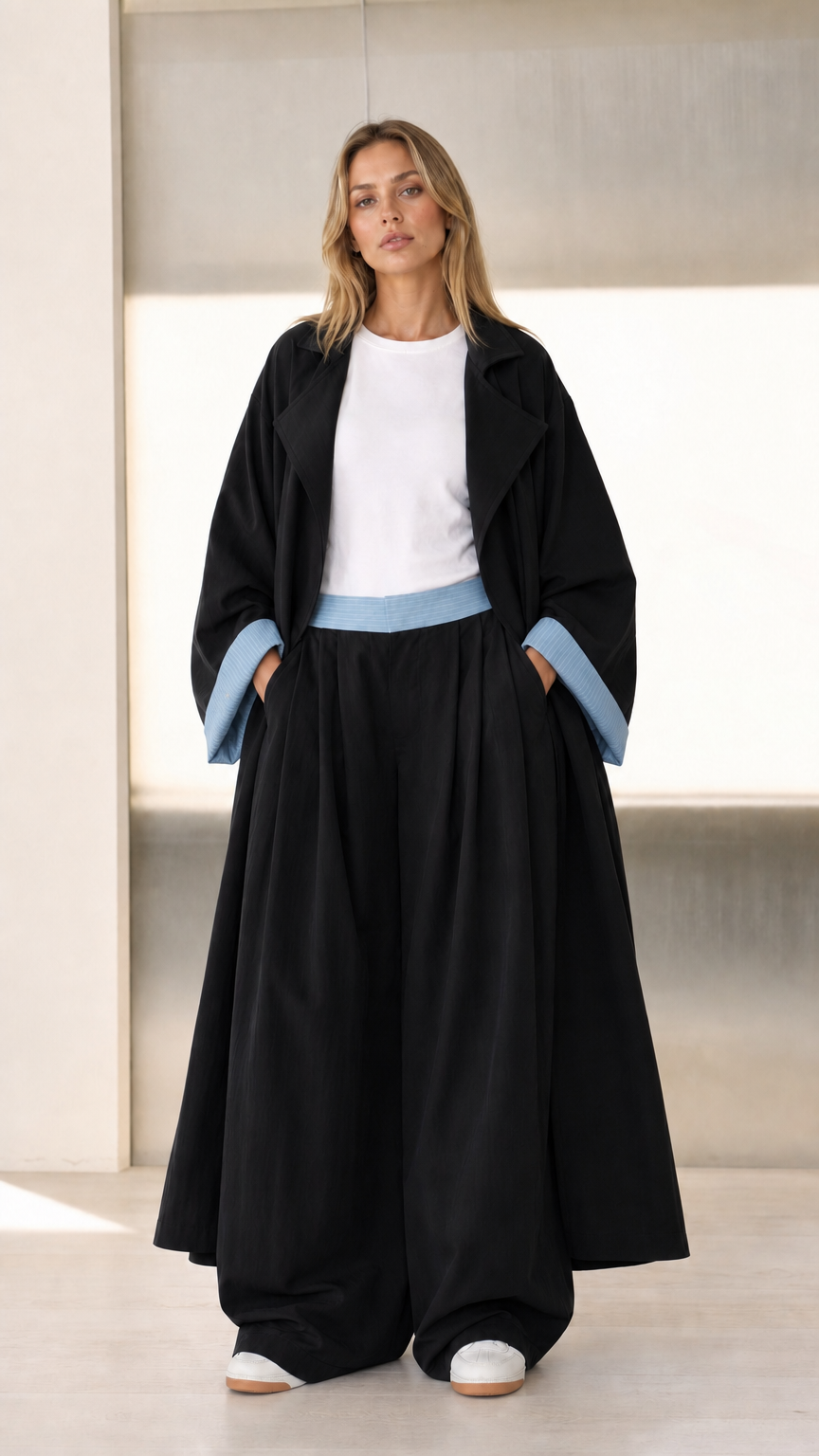 Front view of Black duster coat and wide-leg pants set with contrast trim