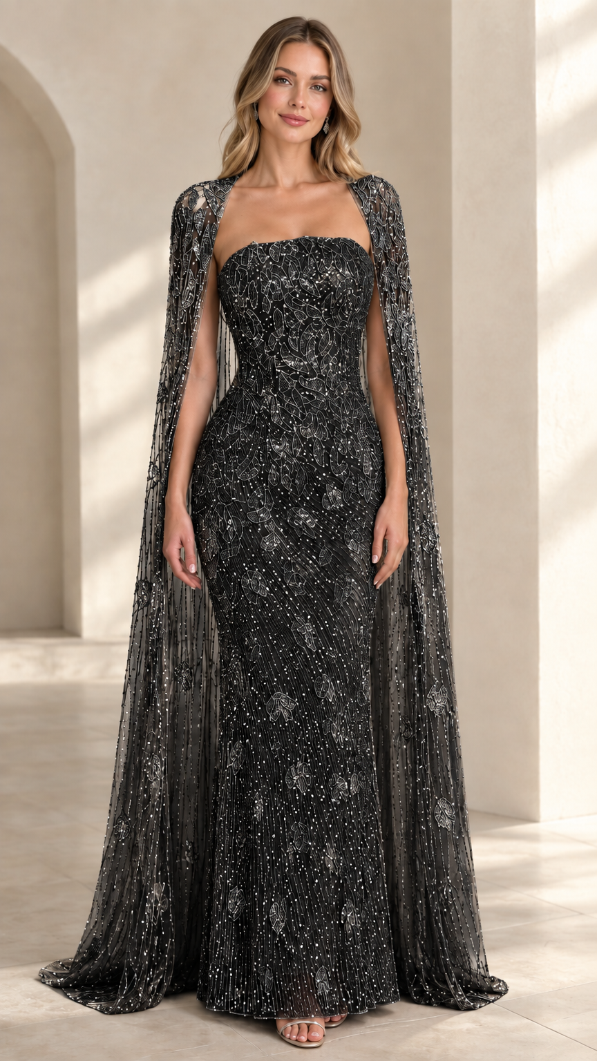 Front view of black beaded strapless formal gown with sheer matching cape