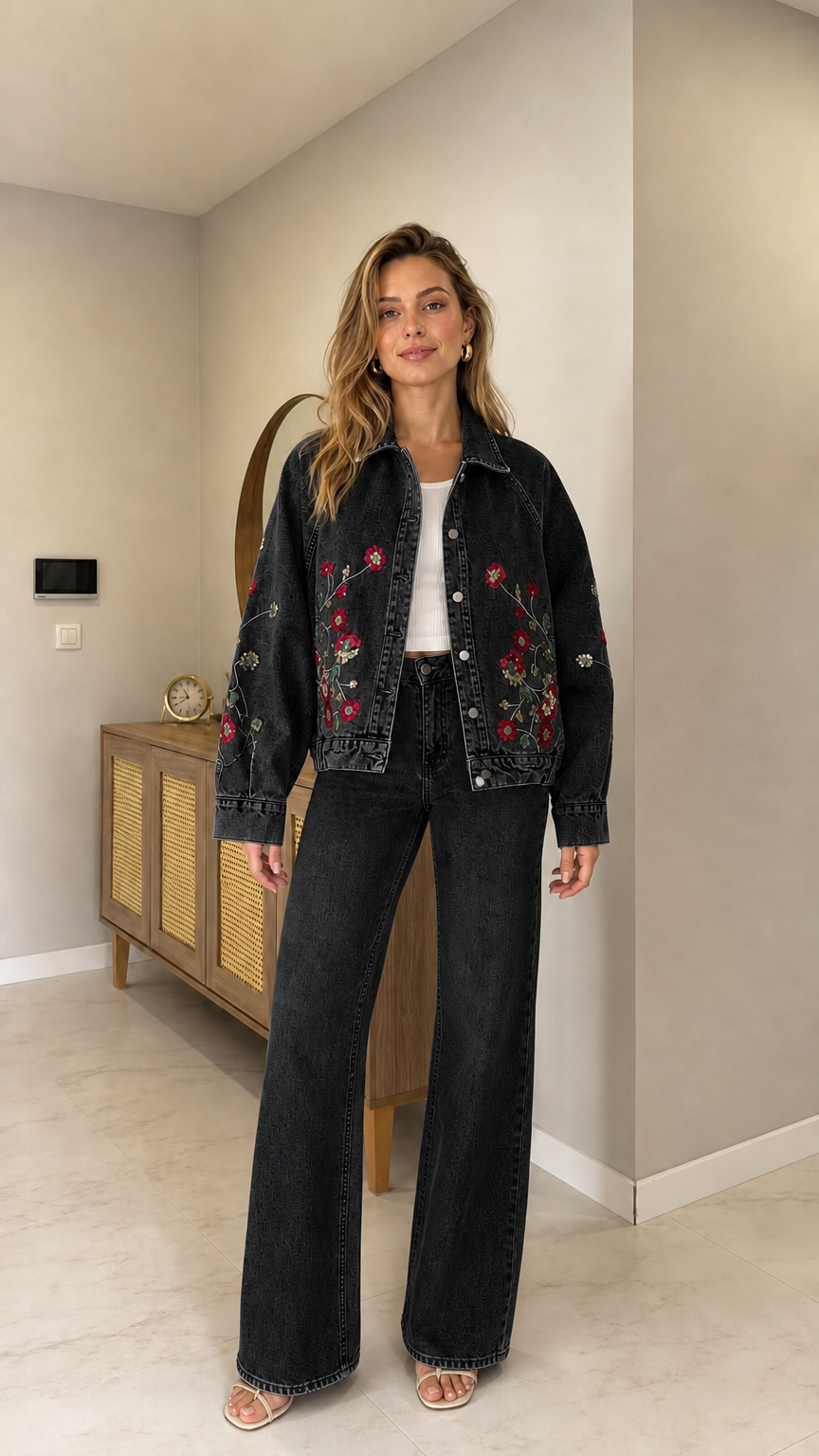 Full front view of woman wearing Washed Black floral embroidered denim jacket and black jeans