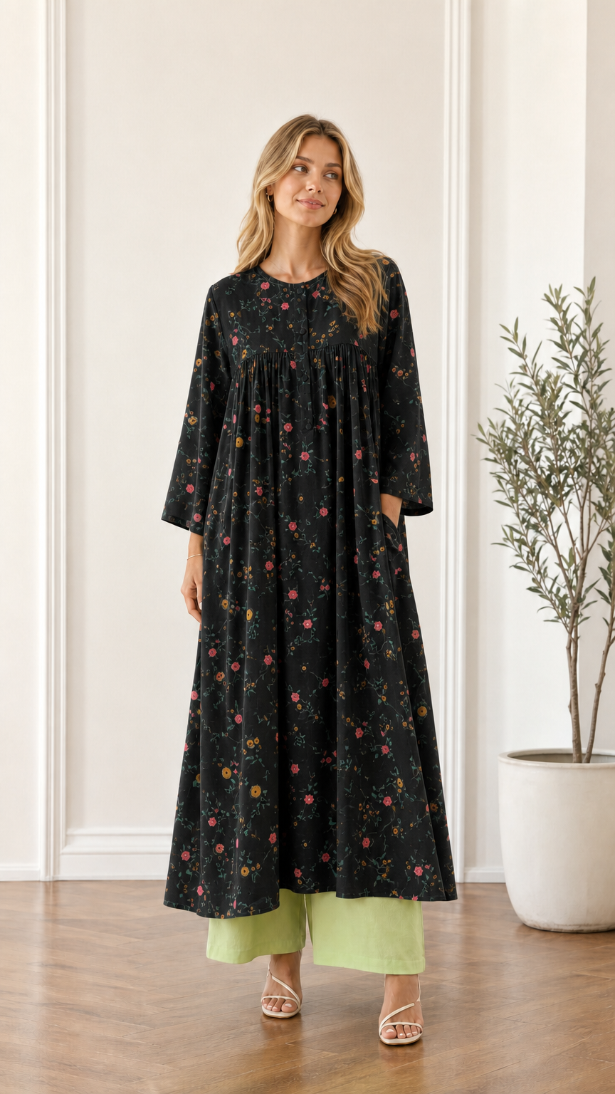 Front view of woman wearing black floral pleated maxi dress